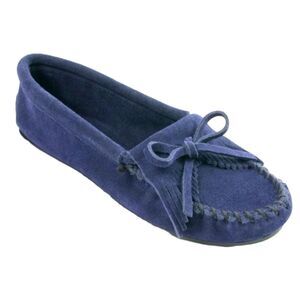 Minnetonka Moccasin Shoes Women's Kilty Hardsole Suede Blue‎ Flat Tassel Bow 6